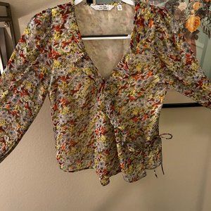 light floral yellowish peasant low V wrap blouse